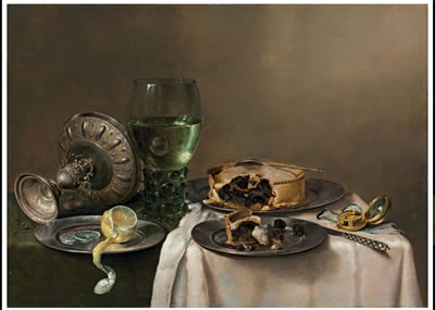 A 'pronk' still-life, with a roemer, an upturned silver tazza, a half-peeled lemon on a pewter plate, with a pie, a timepiece and a knife