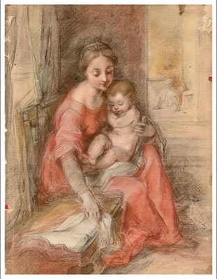 The Madonna and Child beside a crib in an interior, Saint Joseph seen reading through a doorway to the right