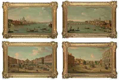 Four views of London: The Thames looking towards St. Pauls; The Thames looking towards Westminster; Covent Garden; and The Privy Garden, Whitehall by Antonio Joli - Auction record, sale price, and art valuation. Compare with similar artists and explore comparable artworks.