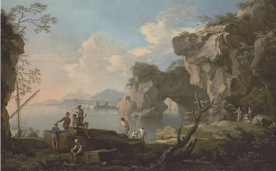 A coastal landscape with a natural arch, fishermen in the foreground