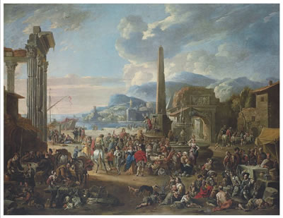 A capriccio of a mediterranean port with Roman ruins