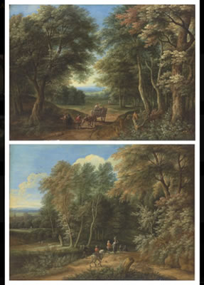 A wooded landscape with travellers and a cart and horse; and A wooded landscape with travellers, a castle beyond