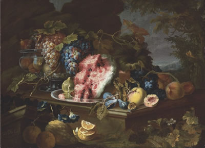 Lemons, pears, a fig, a watermelon, plums, and grapes in a metal vessel on a stone table