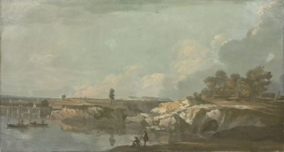 An extensive river landscape, with fishermen in the foreground