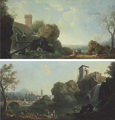 An Italianate landscape with elegant figures by a waterfall; and An Italianate river landscape with fishermen, a church and a bridge beyond