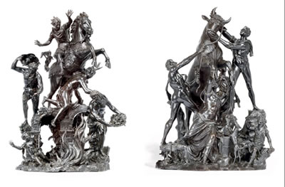 A PAIR OF BRONZE GROUPS OF THE HEROISM OF MARCUS CURTIUS AND THE FARNESE BULL