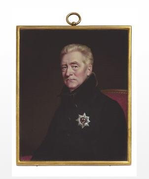 George John, 2nd Earl Spencer, K.G. (1758-1834), seated on a red-upholstered chair, in dark green coat with black collar