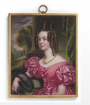 Caroline Lavinia Lyttelton (1816-1902), seated, in pink dress with puffed sleeves