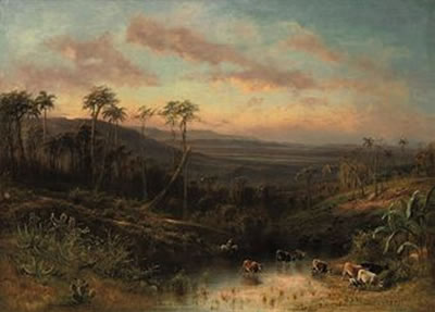 An extensive Cuban landscape, cattle watering at a pool in the foreground by Henry Cleenewerck - Auction record, sale price, and art valuation. Compare with similar artists and explore comparable artworks.
