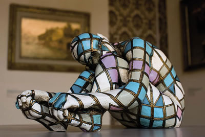 Sample artwork by Paola Epifani (Born 1969), known for expressive figurative sculptures adorned with symbolic patterns, glyphs, and surreal skin motifs - View similar artists and auction records