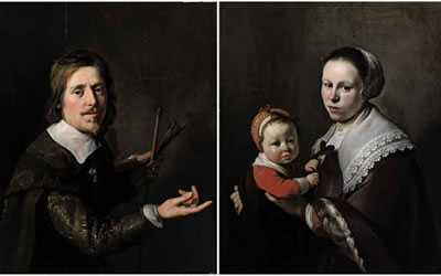 Portrait of Gijsbert Gillisz. de Hondecoutre (1604-1653), half-length, holding a palette and brushes; and Portrait of his wife Maria Hulstman, half-length, holding a child