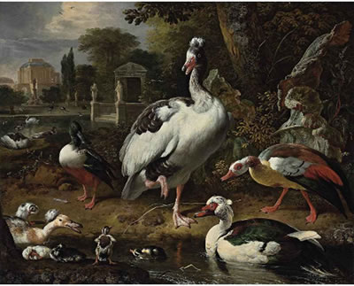 A grey and white crested goose, a shoveler, a Muscovy duck, goslings, ducklings and other fowl in a park, elegant buildings beyond by Melchior de Hondecoeter - Auction record, sale price, and art valuation. Compare with similar artists and explore comparable artworks.