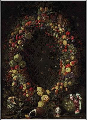 A garland of fruit with guinea pigs and watermelons