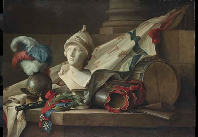 A bust of Minerva, armour, muskets, a drum, a standard, the baton of command of a Maréchal de France, a laurel wreath and the Orders of Saint-Louis and of the Saint-Esprit, all on a stone ledge