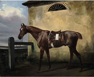 A tethered chestnut horse in a landscape