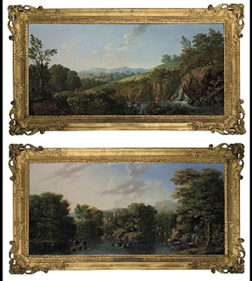 A wooded river landscape with a man fishing in the foreground, a shepherd playing a flute beside a flock of sheep and a town beyond; and A wooded river landscape with fishermen in a boat, a ruined building beyond and figures crossing a bridge (pair)