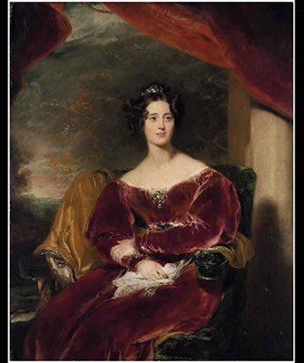 Portrait of Mary, Countess of Wilton (1801-1858), three-quarter-length, seated, in a red velvet dress with a brooch, a landscape beyond