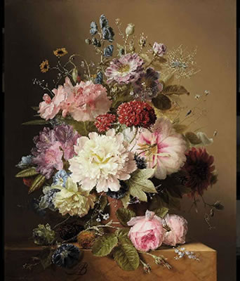 Still life with peonies, rhodedendran, auricula, roses, and summer flowers, in an urn, on a marble ledge