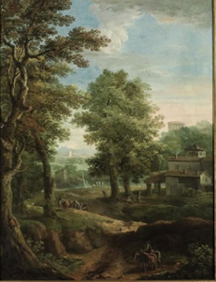An extensive wooded landscape with a muleteer and a cattle drover, a farm, a river and mountains beyond; and An extensive river landscape with shepherds on the riverbank, a bridge, clifftop buildings and mountains beyond