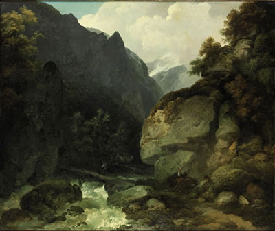 A mountainous river landscape in the Alps, with travellers on a path
