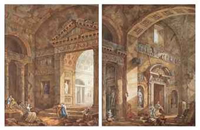 Interiors of a Roman basilica with figures