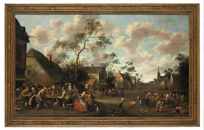 A village feast, with a church and landscape beyond
