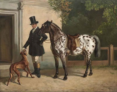 A huntsman with his dog and a piebald pony
