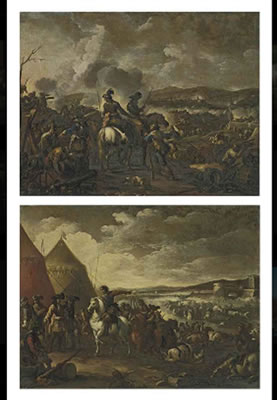 A battle scene with cavalry and cannon; and A battle scene with an officer on horseback directing his troops to the battle ground beyond