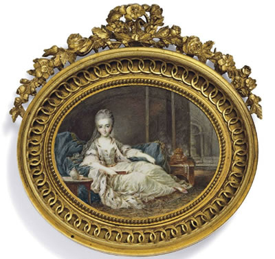A young lady in ermine-bordered Turkish costume, full-length reclining on a divan and holding a book, in a lavish interior with coffee service and samovar