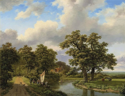 Wooded landscape with figures and cattle by a river