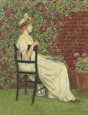 A young girl seated in a chair facing right, beneath a bower of roses, a bowl of cherries in her hand