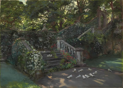The Golden Hour: The west staircase to the upper terrace at Balcaskie, Fife by John Henry Lorimer - Auction record, sale price, and art valuation. Compare with similar artists and explore comparable artworks.