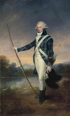 Portrait of George Douglas, 16th Earl of Morton, K.T. (1761-1827), full-length, holding a bow, in the dress of the Royal Company of Archers, holding a longbow and a black-plumed white cockaded cap, in Holyrood Park, with Duddingston Loch and Edinburgh Cas