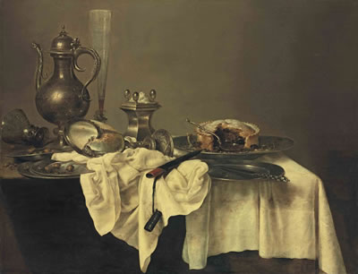 A blackberry pie, an upturned nautilus cup, a salt-cellar, a façon- de-Venise flute of wine, a silver ewer, an upturned roemer, hazelnuts, a silver knife and a knife-case, on a partly-draped table with pewter plates