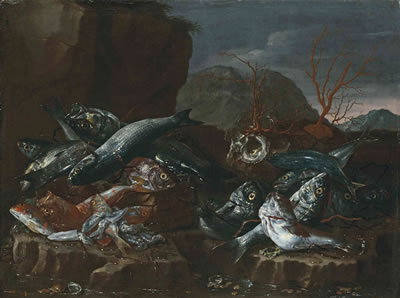 Fish, shells and coral on a rocky shore by Giuseppe Recco - Auction record, sale price, and art valuation. Compare with similar artists and explore comparable artworks.