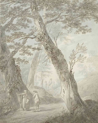 Travellers conversing on a wooded path