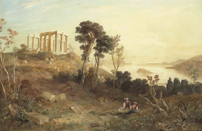 Extensive view of Cape Sounion, Greece, with the Temple of Poseidon