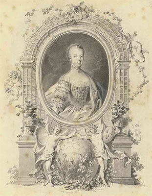Portrait of Queen Marie-Antoinette in a fictive frame, surrounded by an arbour and with allegorical figures of Germania and Gallia united below, flanking the globe