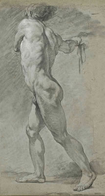 A standing male nude, seen in profile, turned to the right