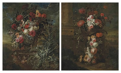 Roses, a sunflower, carnations, chrysanthemums, a tulip and other flowers in a sculpted stone urn, on a ledge, with a thistle, in a landscape; and Roses, lilies, carnations, sunflowers, a tulip and other flowers in a sculpted stone urn, on a ledge by a co