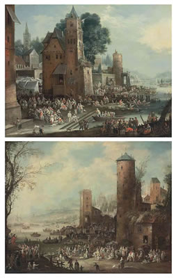 A capriccio harbour scene with market tents and a street theatre, boats docking in the foreground; and A capriccio harbour scene with a marketplace (a pair)