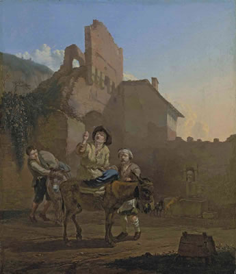 Travellers with donkeys resting at the walls of a town
