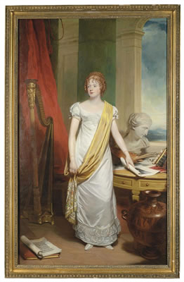 Portrait of a lady, full-length, in a white dress with a yellow silk sash, an artist's palette and neo-classical bust on a table to her left, an Erard harp on her right, and a classical Greek urn to her left and an engraving in her left hand