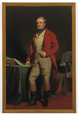 Portrait of William Aird, member of the Lanarkshire and Renfrewshire Foxhounds, full-length, in hunting dress, standing by a green draped table, his right hand resting on a newspaper