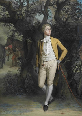 Portrait of Arthur Hill, 2nd Marquess of Downshire (1753-1801), small full-length, in a yellow frock coat and breeches, his left arm resting on a cane, with a coach and four beyond, in a landscape by Hugh Douglas Hamilton - Auction record, sale price, and art valuation. Compare with similar artists and explore comparable artworks.