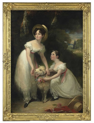 Double portrait of Misses Emily and Marie Ashworth, full-length, playing with a lamb in a landscape, a waterfall beyond