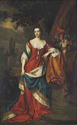 Portrait of Francis Thynne, Lady Worsley, full-length, in a red dress and a blue ermine-lined mantle, a domed mansion in a garden beyond