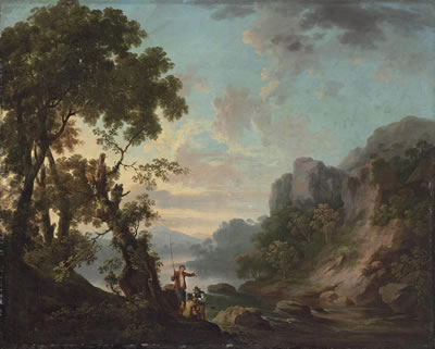 Wooded landscape with a lake, anglers in the foreground