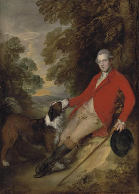 Portrait of Philip Stanhope, 5th Earl of Chesterfield (1755-1815), full-length, in a scarlet coat and buff breeches, holding a black hat and stick in his left hand, with his dog in a landscape