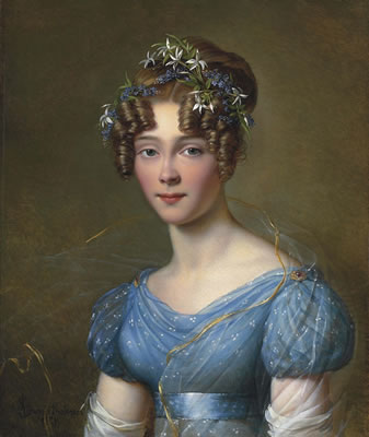 Portrait of Amélie du Bois (1803-1891), wife of Lt.-Gen. Emile Joseph Frison, aide to King Leopold II, bust-length, in a blue muslin dress, with flowers in her hair